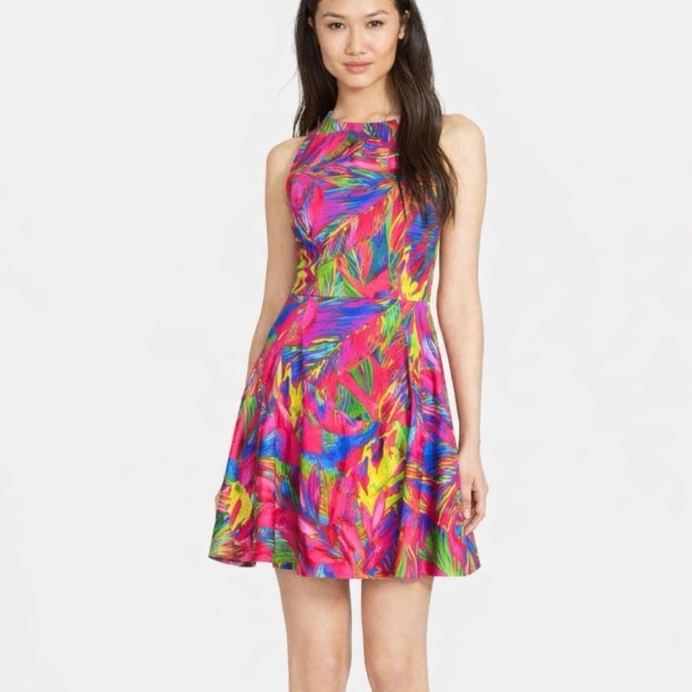 Milly Fit & Flare Dress Womens 4 Sleeveless Tropical Abstract Party Multicolor‎